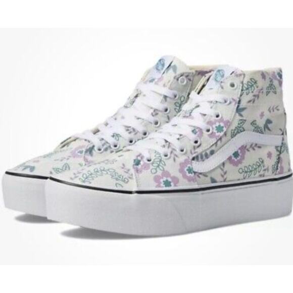 Vans Sk8 Hi Canvas Shoe 7.5 Womens Floral Flower White Sneakers High Top - Picture 1 of 8